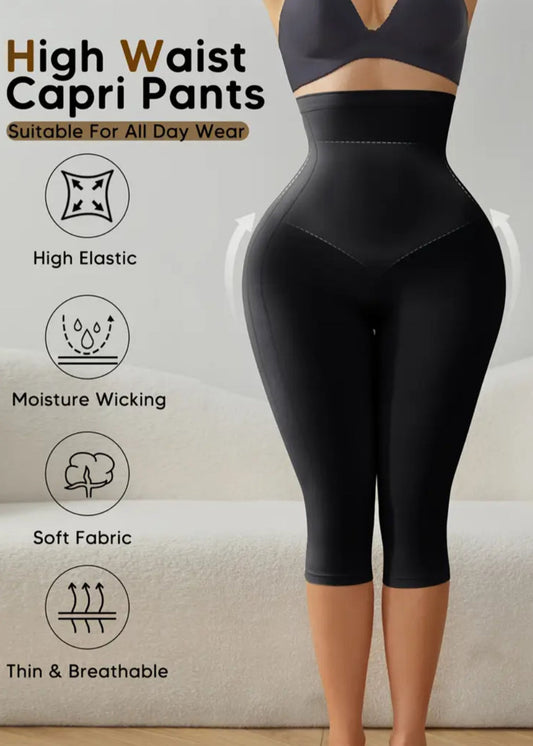 Black high waist capri pants with features listed on a gray background