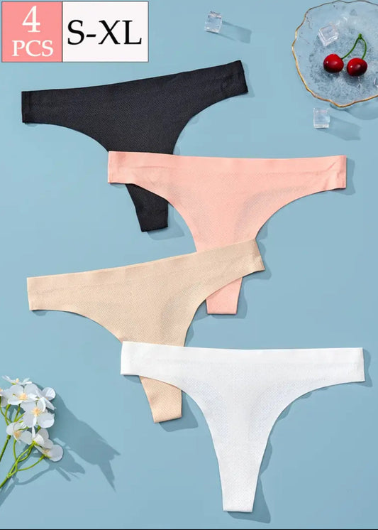 Three pairs of women's underwear in black, pink, and white on a blue background with '4 PCS S-XL' text.
