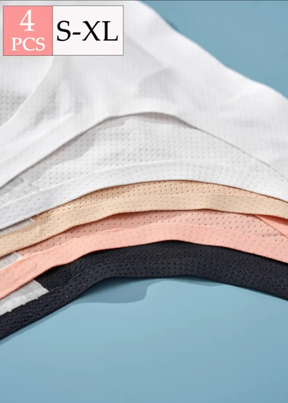 Stack of white, black, and multicolor shirts with '4 PCS S-XL' text on a blue background