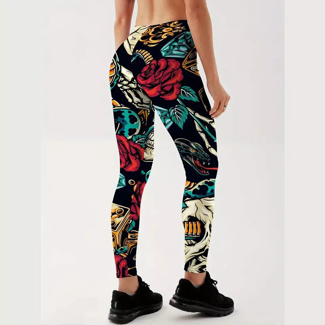 VIRAL PRINTED YOGA LEGGINGS - Skulls & Roses