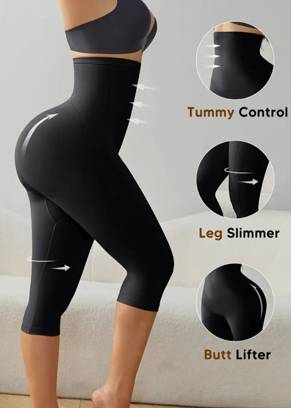 Black compression leggings with tummy control, leg slimmer, and butt lifter features on a neutral background.
