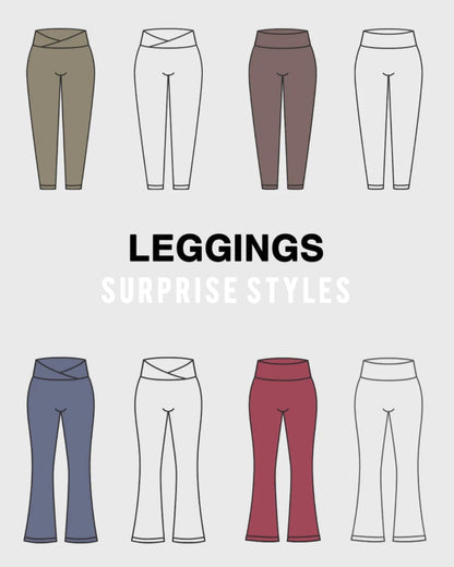 Illustrations of various leggings in different colors on a gray background with text 'LEGGINGS Surprise Styles'.