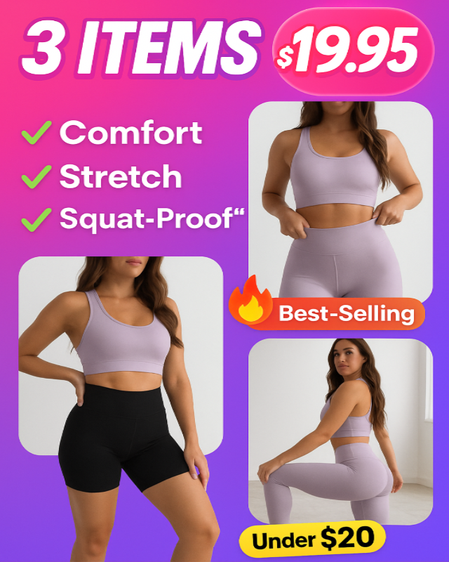 Promotional graphic for a sports bra and leggings set with text highlighting features and price.