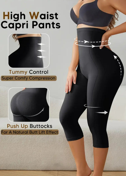 Black high waist capri pants with tummy control and push-up buttocks features on a neutral background.