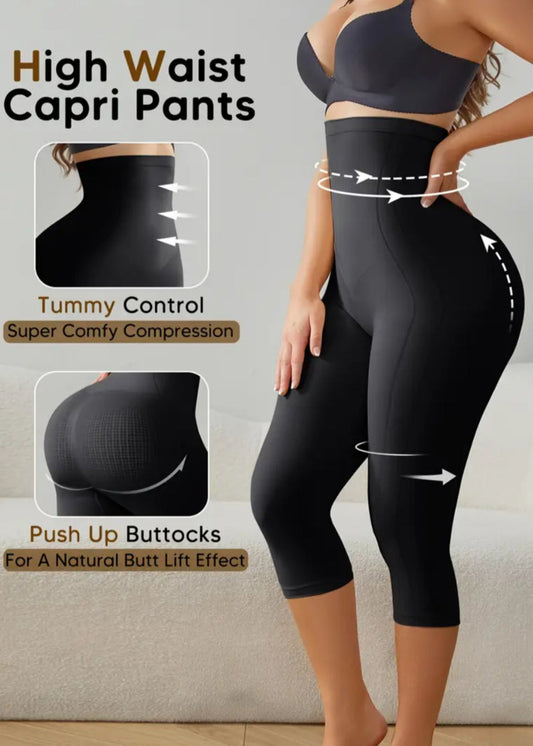 Black high waist capri pants with tummy control and push-up buttocks features on a neutral background.
