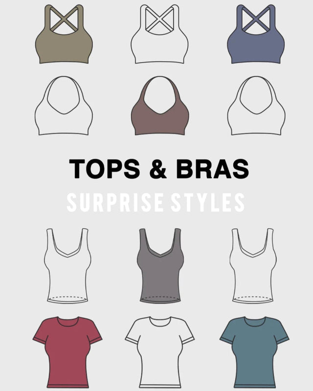Collection of tops and bras with text 'Tops & Bras Surprise Styles' on a light gray background