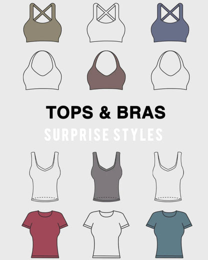 Collection of tops and bras with text 'Tops & Bras Surprise Styles' on a light gray background
