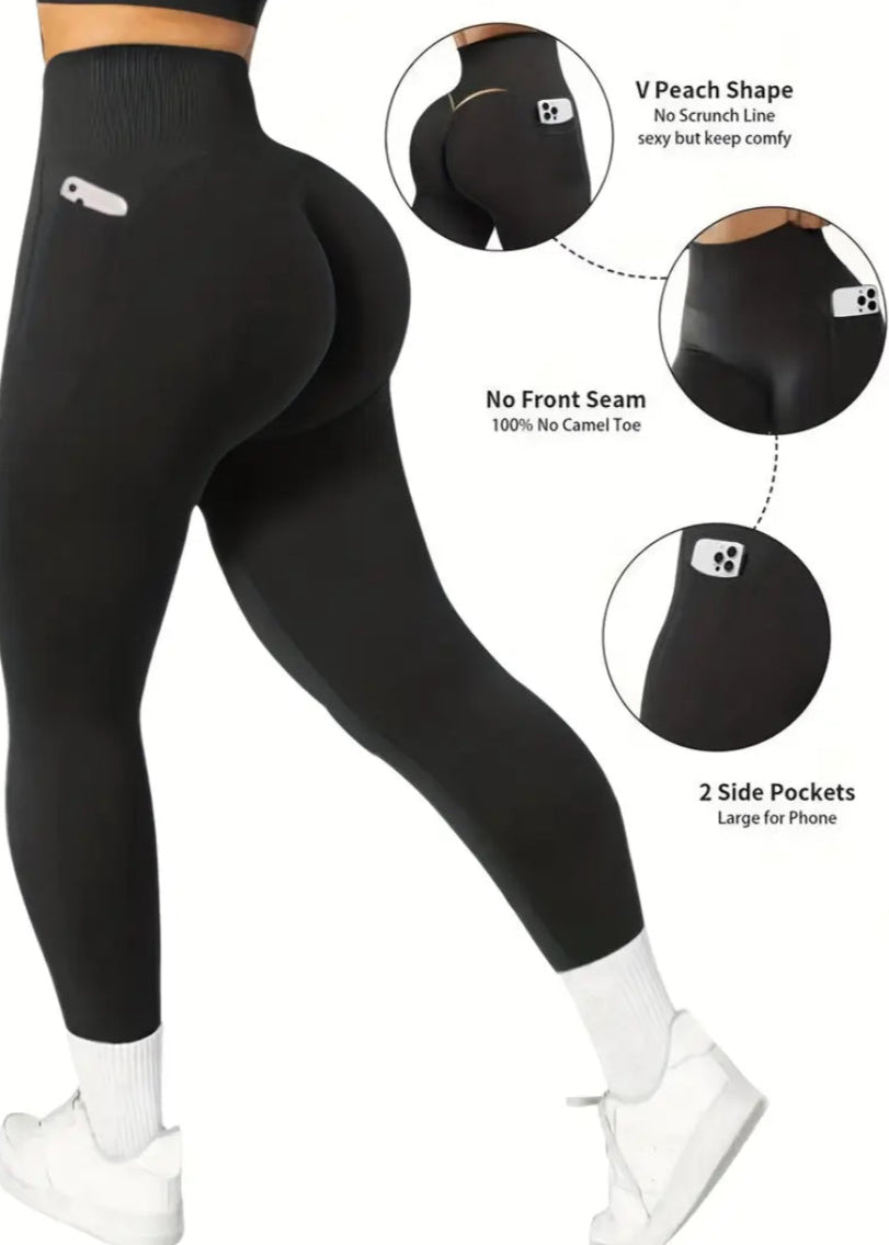 Black leggings with features highlighted on a white background