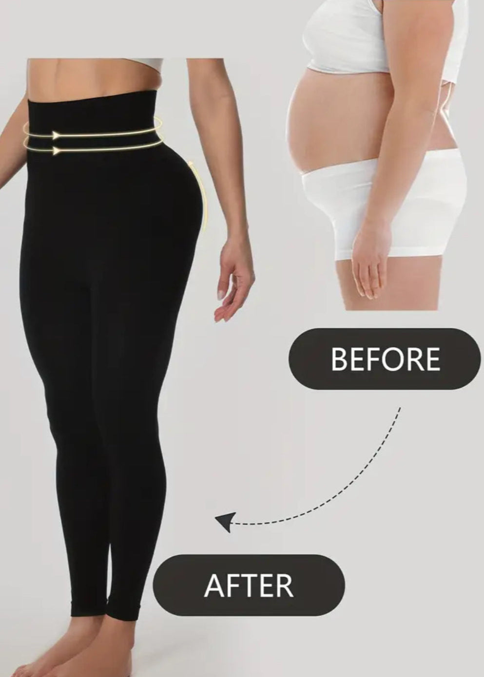 Before and after comparison of a person wearing black compression leggings.