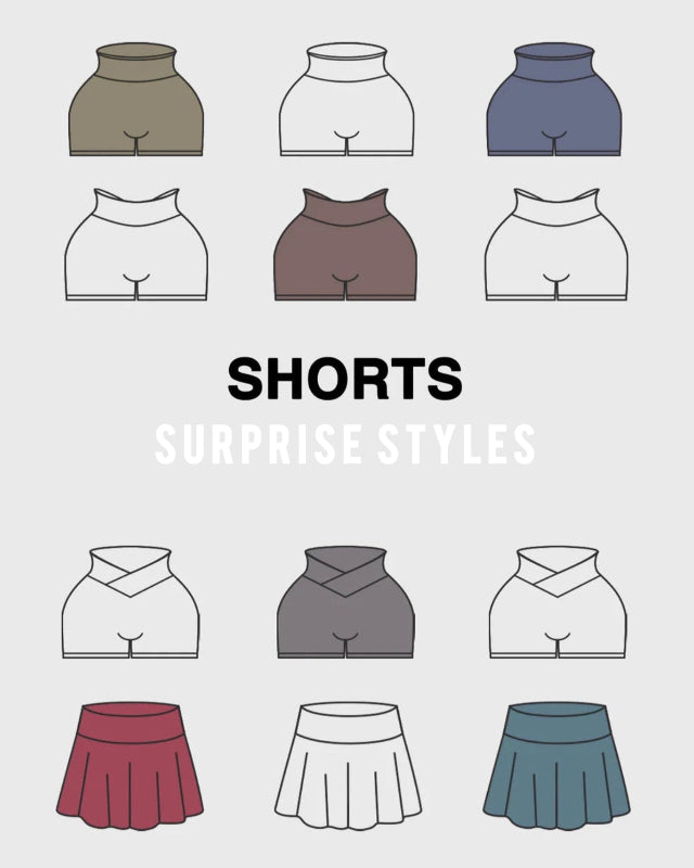 Illustrations of various shorts in different colors with 'Shorts Surprise Styles' text.