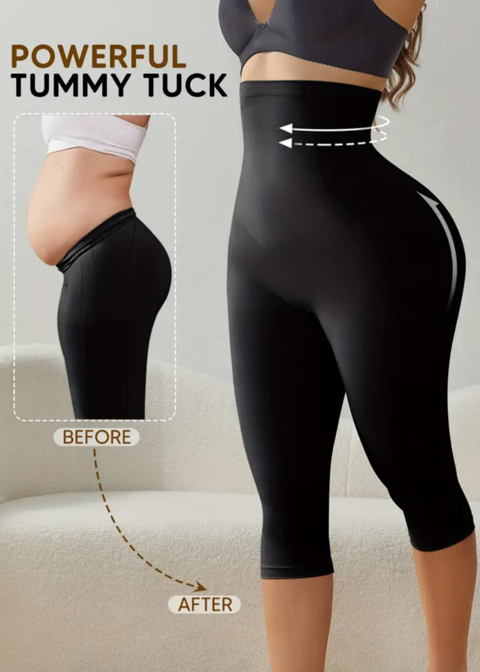 Person wearing black leggings with a 'Powerful Tummy Tuck' before and after illustration.
