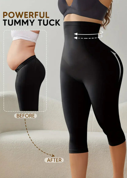 Person wearing black leggings with a 'Powerful Tummy Tuck' before and after illustration.
