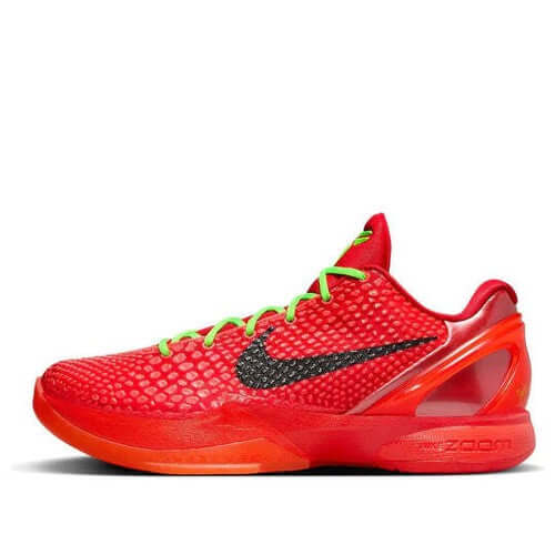 Kobe Grinches – Kobe 6 Red basketball shoe with green accents on a white background