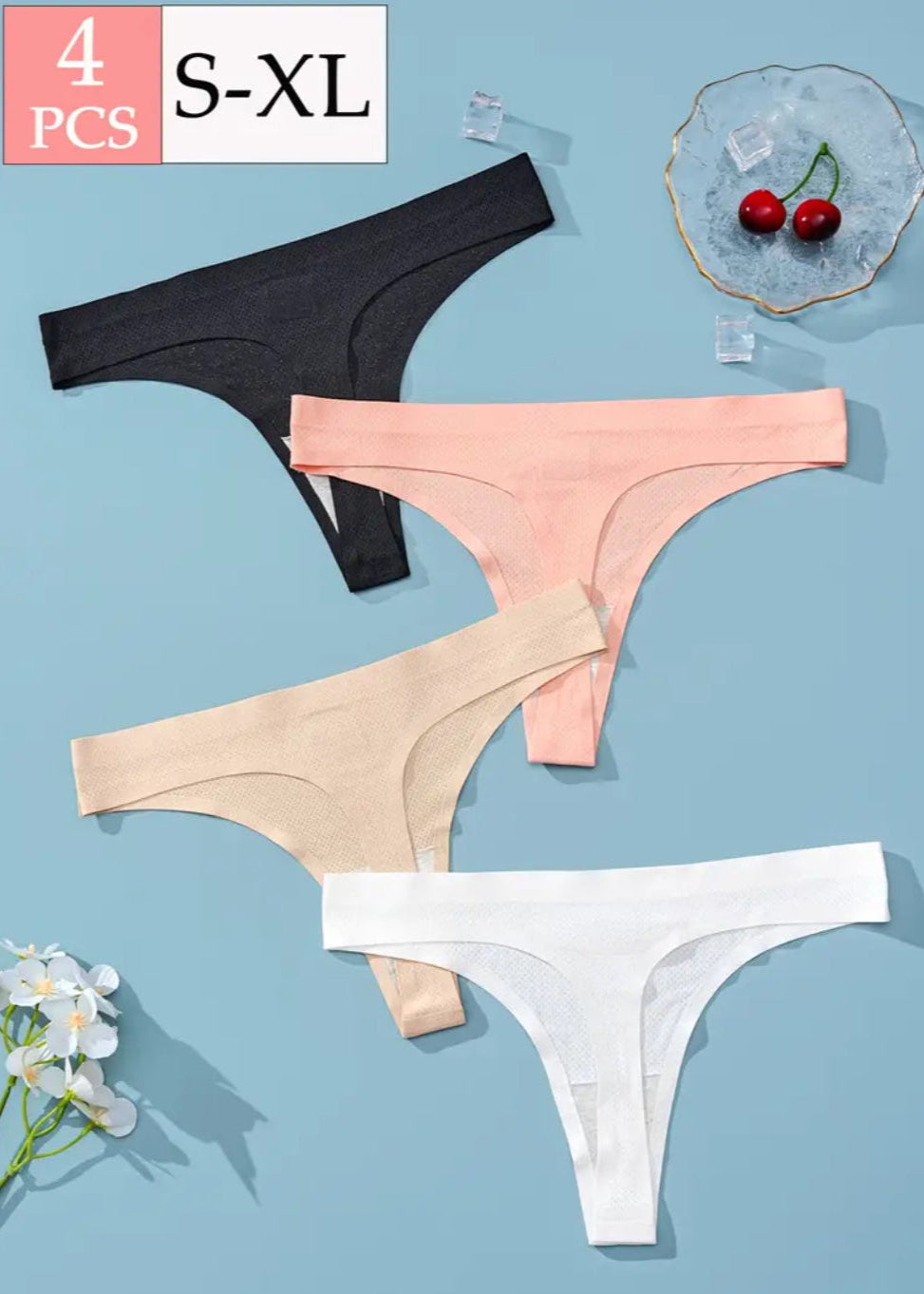 Four pairs of women's panties in black, pink, beige, and white on a blue background.